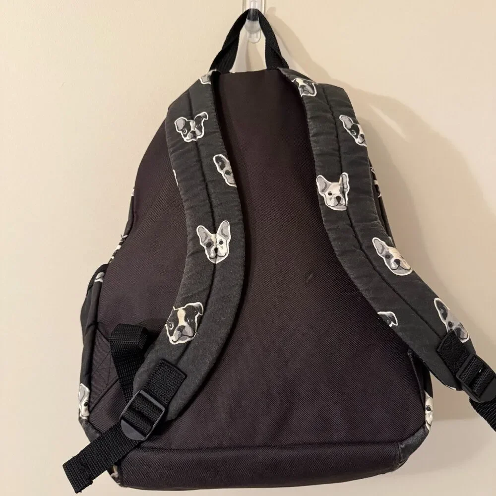 Justice Girls Initial L Backpack Black French Bulldog Puppy Dog Print School Bag